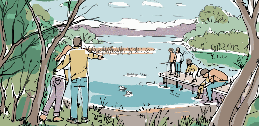This image: an artist's sketch of the Woburn Sands Fishing Lake,
							showing people fishing and walking around the lake. The map: the
							map has zoomed in from the wider Milton Keynes area to focus on
							a red line boundary around the site. The site sits just to the
							west of Woburn Sands, south of the railway line.